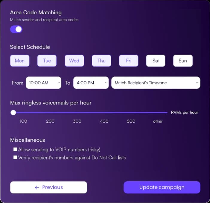 VoiceDrop ringless voicemail campaign builder with sender numbers, DNC scrubbing, and calling-window controls