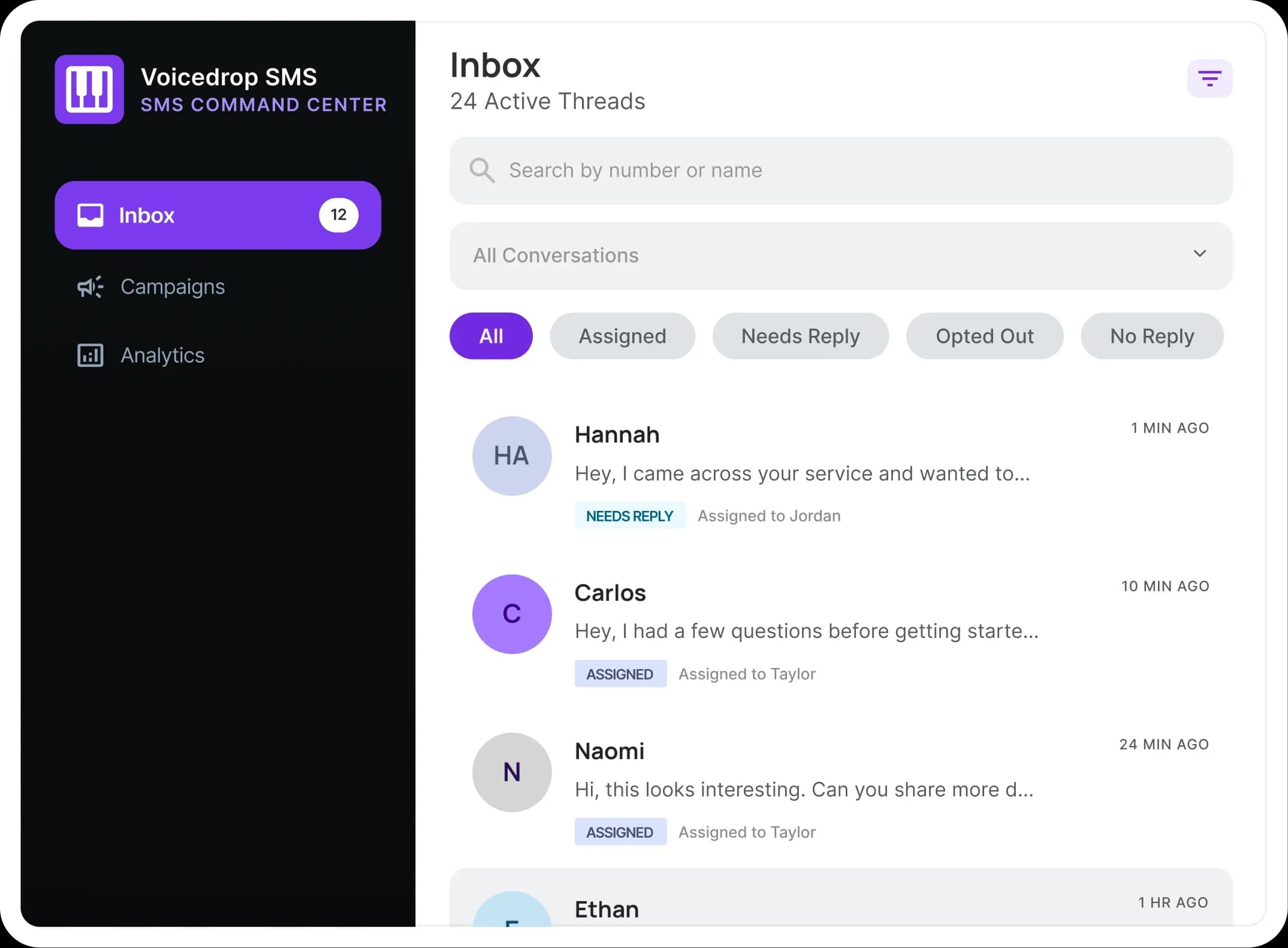 VoiceDrop's shared SMS inbox, with filters for assigned, needs reply and opted out. Sample contacts.