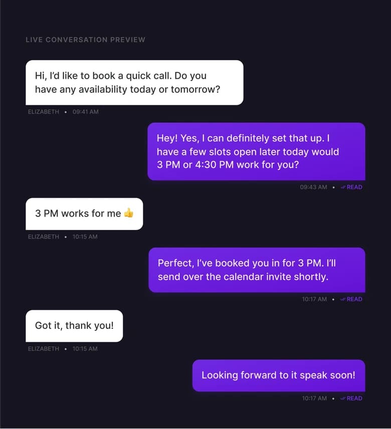 A two-way text conversation in VoiceDrop booking a call for 3 PM. Sample conversation.