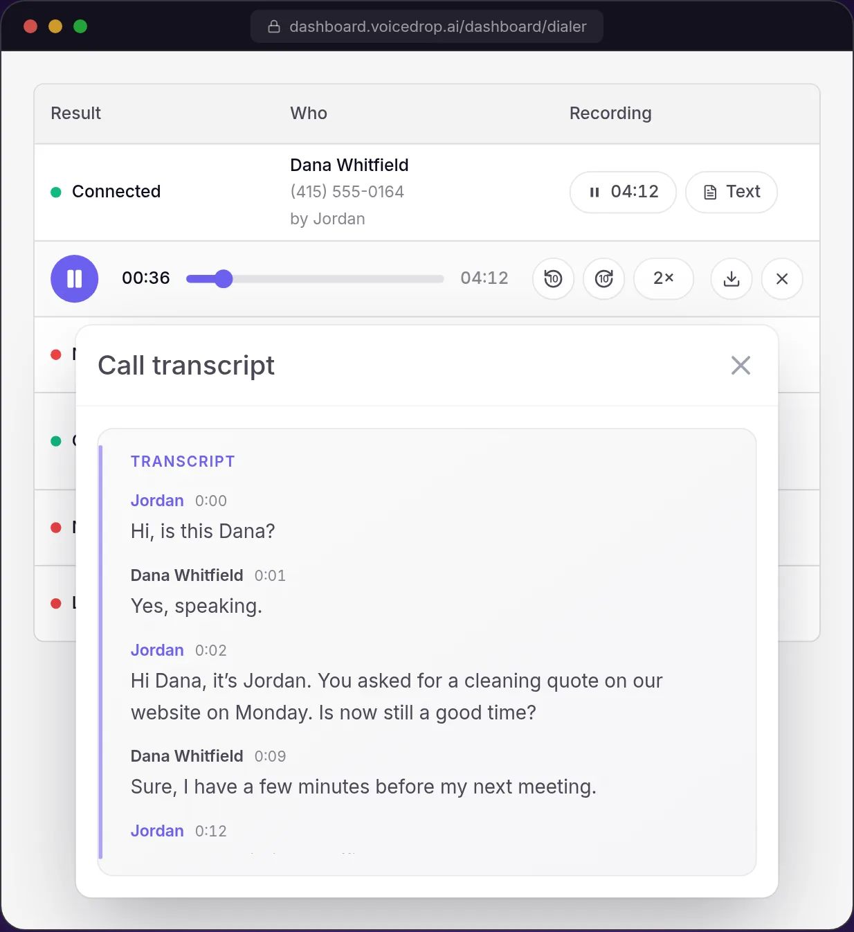 A recorded call in VoiceDrop's Sales Dialer, its player at 2x and its transcript showing who said what. Sample call.