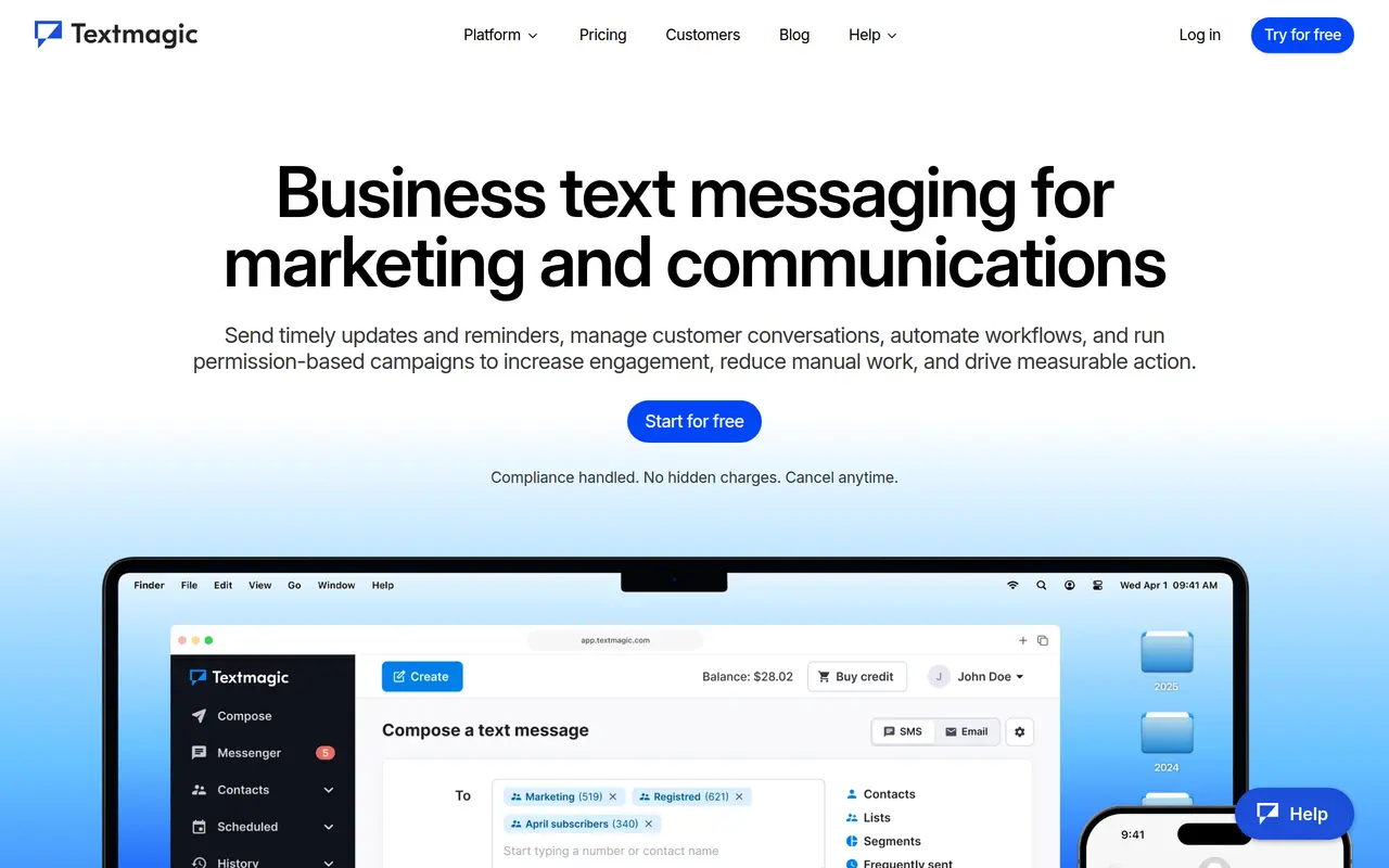 The Textmagic homepage at www.textmagic.com