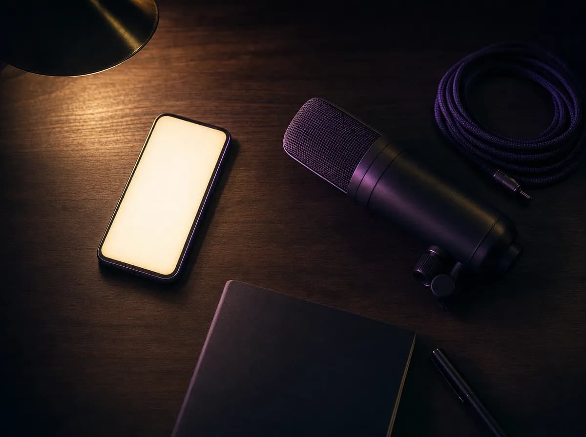 Recording a ringless voicemail message: a phone, a studio microphone and coiled headphones on a dark desk.
