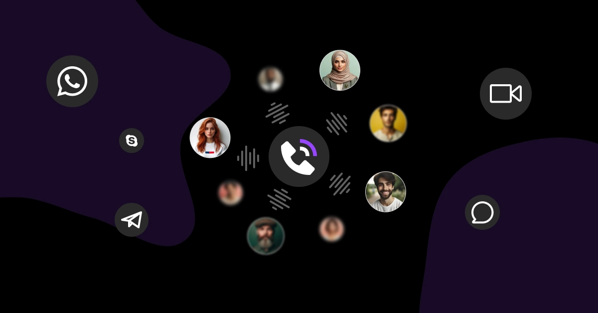 A digital illustration showcases a central phone icon encircled by individual profile pictures in circular frames. Icons for messaging apps like WhatsApp and Telegram appear on the dark background, hinting at the integration of mass voice messaging capabilities. VoiceDrop Ringless Voicemails