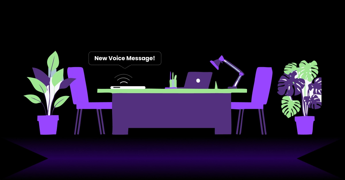 Illustration of a modern office with a desk, two chairs, a laptop, and a desk lamp. Two potted plants flank the setup. A notification hovers above the desk reading New Voice Message! in bold letters. Dominant colors are purple and green, highlighting the Voicedrop alert. VoiceDrop Ringless Voicemails