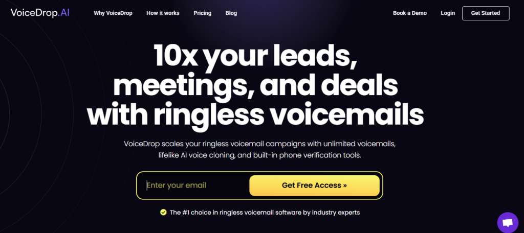 VoiceDrop website featuring the headline '10x your leads, meetings, and deals with ringless voicemails' and a subscription button labeled 'Get Free Access'.