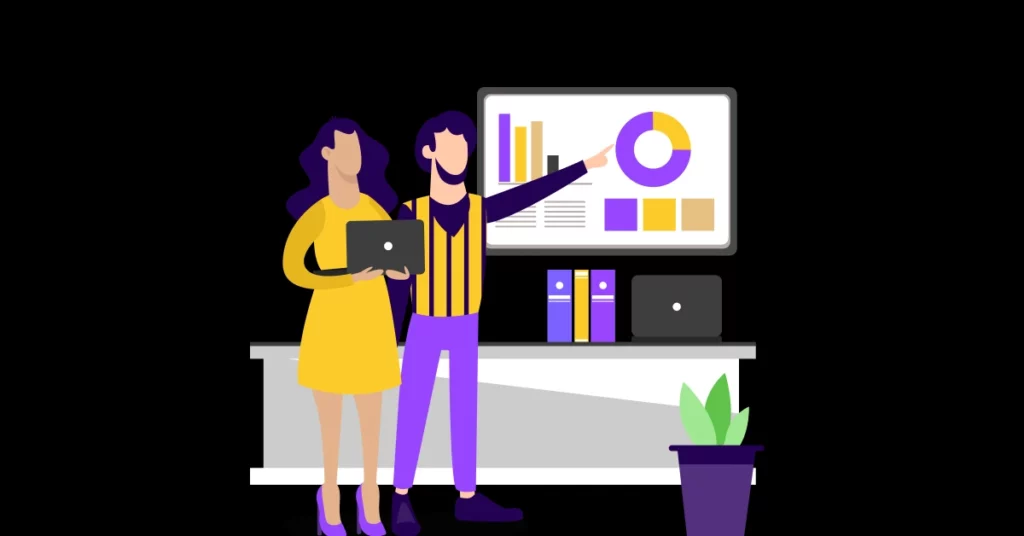 Illustration of two people by a desk with laptops and binders, reviewing a 2025 presentation on a screen highlighting charts and graphs. A potted plant accents the workspace. The color scheme is purple and yellow, evoking the latest in sales pipeline tools. VoiceDrop Ringless Voicemails