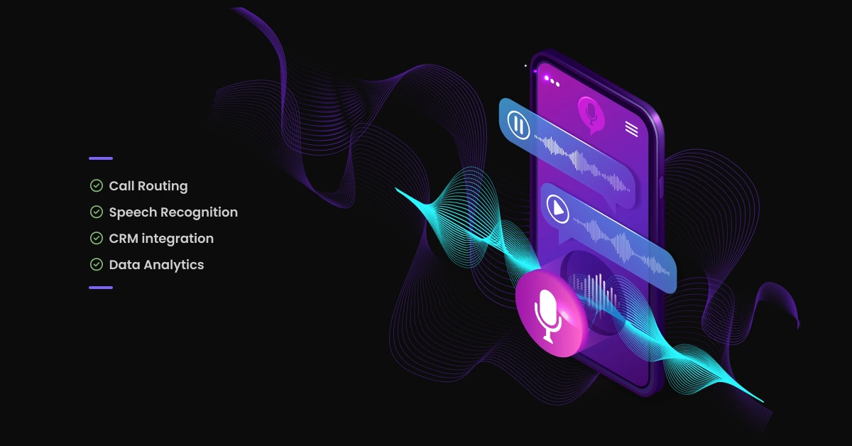 A smartphone showcases interactive voice response features with waveforms and icons, embodying speech technology. Beside it, a list highlights capabilities: Call Routing, Speech Recognition, CRM Integration, and Data Analytics. The background is alive with dynamic, abstract sound waves. VoiceDrop Ringless Voicemails