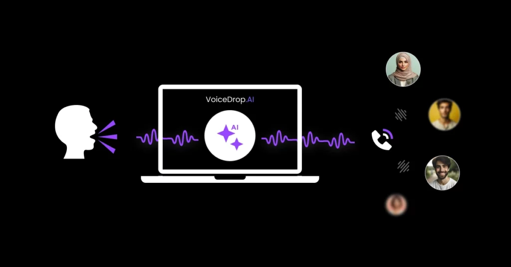 Illustration of a person speaking into a laptop running VoiceDrop.AI, which converts voice to audio waves and sends messages-perfect for professionals looking to grow commercial lending service-shown with profile photos, phone, and chat icons on a black background. VoiceDrop Ringless Voicemails