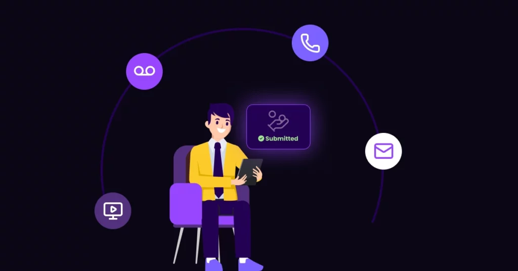 Illustration of a person sitting on a chair using a tablet, surrounded by icons for voicemail, phone, email, and computer, with a glowing Submitted status in the center-perfect for showcasing how to convert mortgage applications efficiently. VoiceDrop Ringless Voicemails
