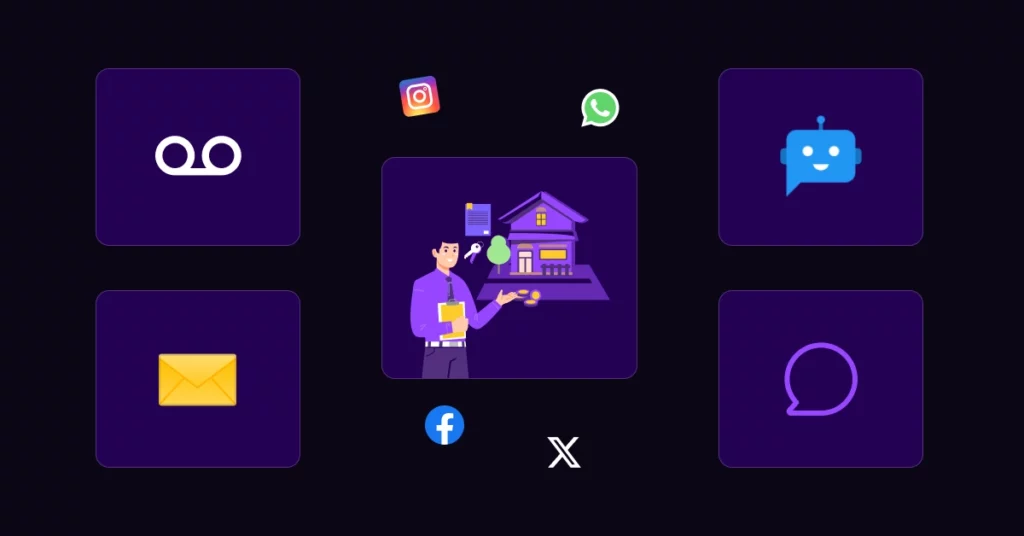 A graphic showing a person holding keys and documents in front of a house, surrounded by icons for voicemail, email, chat, messaging apps (Instagram, WhatsApp, Facebook, X), and a chatbot-highlighting outreach methods for mortgage brokers on a dark background. VoiceDrop Ringless Voicemails