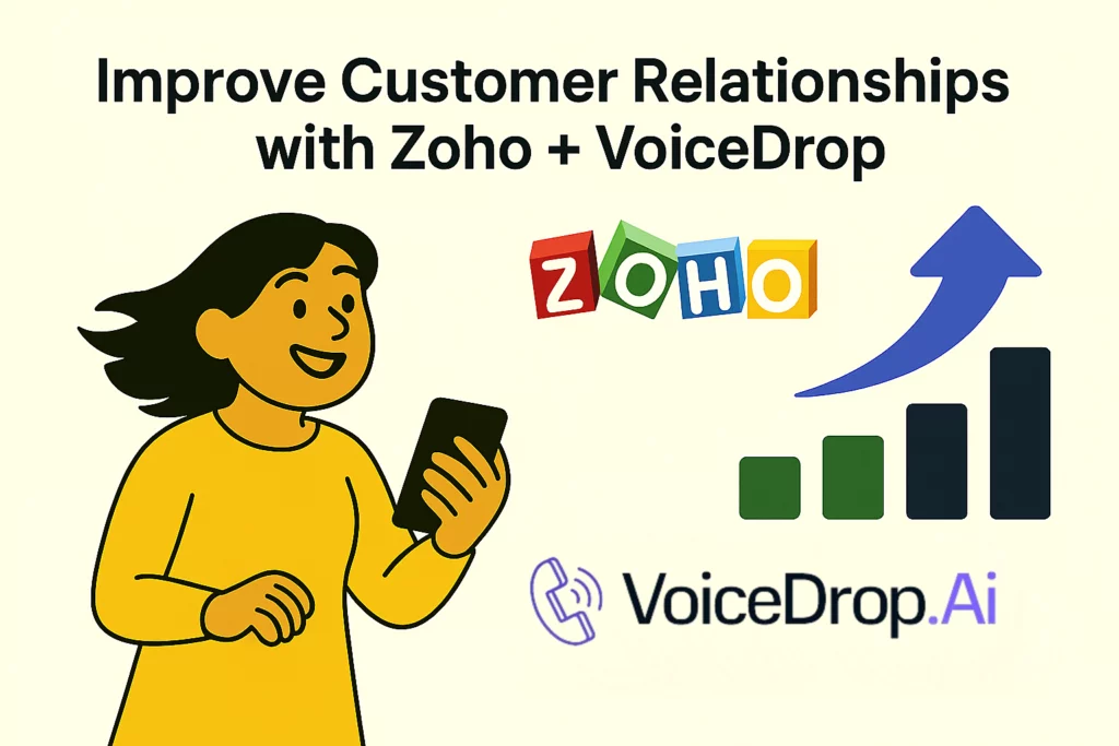 Illustration of a smiling person holding a phone, with the text Improve Customer Relationships with Zoho + VoiceDrop, the Zoho logo, an upward arrow over a bar chart, and the VoiceDrop.Ai logo, highlighting seamless Ringless Voicemail Integration. VoiceDrop Ringless Voicemails