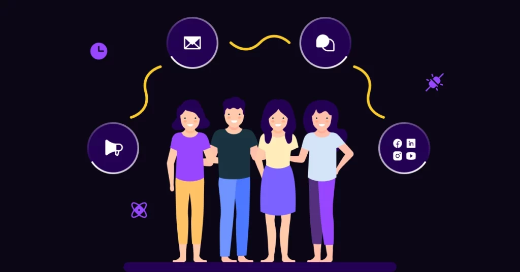 Illustration of four people standing together, surrounded by icons representing email, chat, social media, a megaphone, and a clock-visually capturing the essence of a Volunteer Recruitment Communication Plan with yellow curved lines linking each icon. VoiceDrop Ringless Voicemails